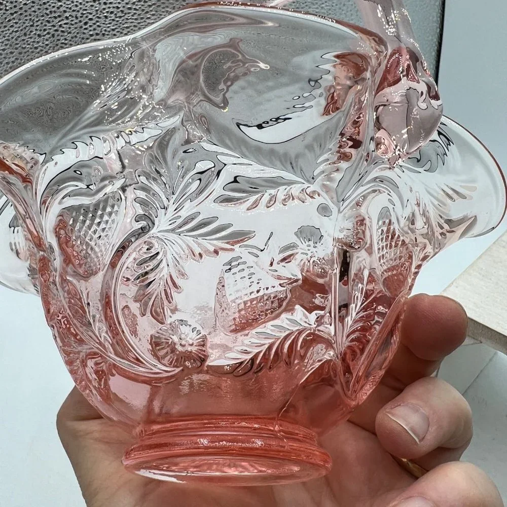 Dusty Rose by Fenton. Thin ruffled edges, rose pattern with applied handle.